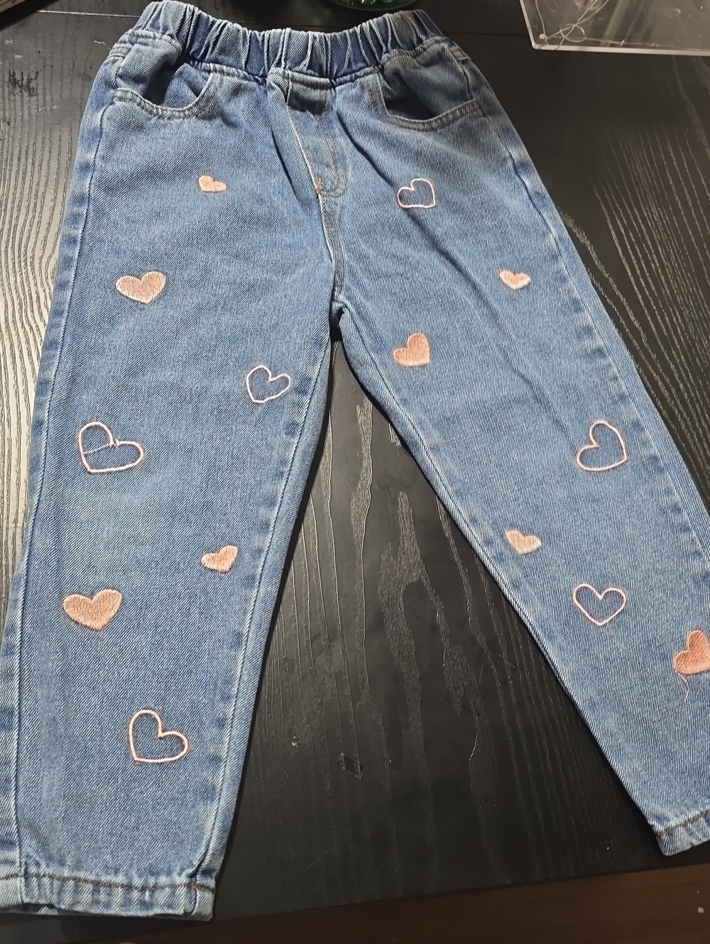 SHEIN Blue Straight Leg Jeans with Pink Heart Embroidery